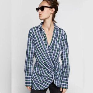 ZARA Woman Blue Green White Plaid Faux Wrap Long Sleeve Blouse Shirt Size XS